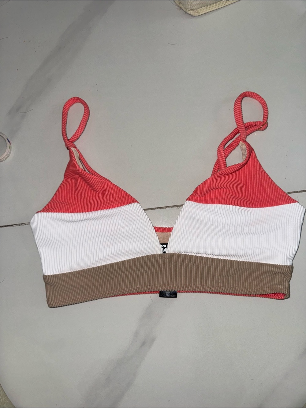Beach Riot Coral, White & Tan Ribbed Bralette